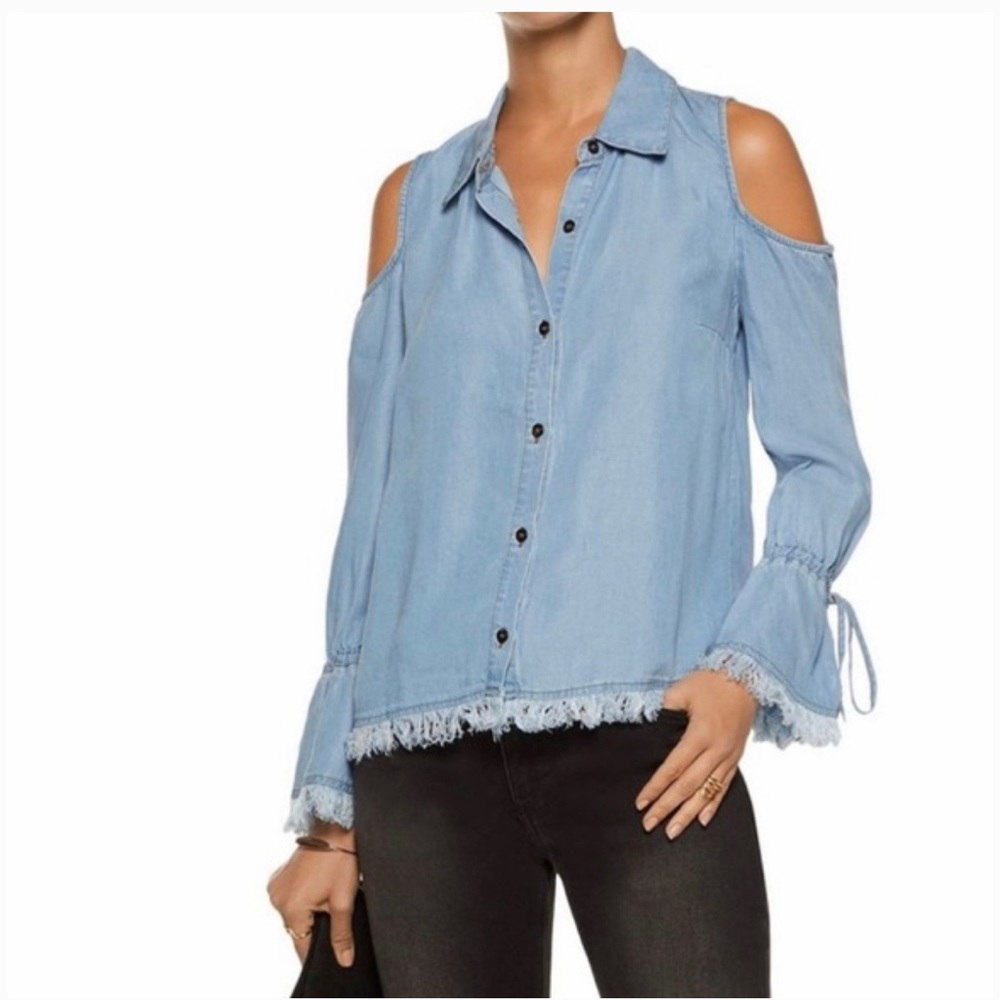 Splendid cold shoulders button down shirt blue chambray denim frayed edges M